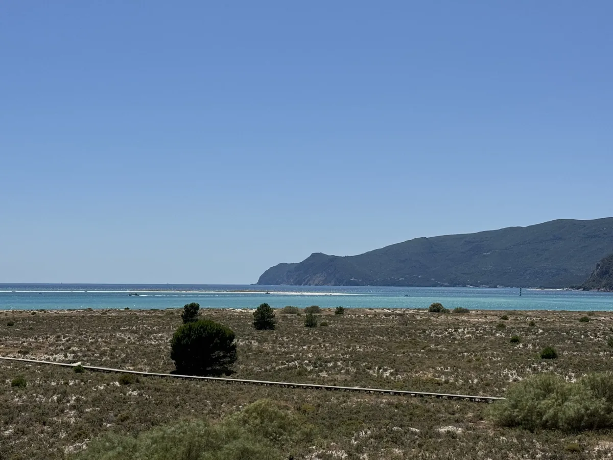 The Tróia peninsula — scrubland and umbrella pine above the Sado estuary, Arrábida across the water